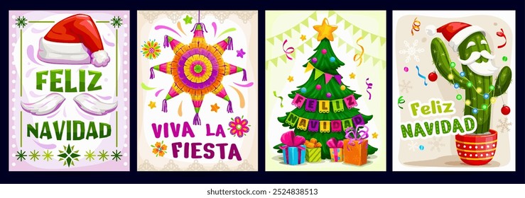 Hispanic Christmas Feliz Navidad retro greetings on posters or banners, cartoon vector. Spanish Christmas greeting of Feliz Navidad for winter holiday with cactus in Santa hat, pinata and Xmas tree