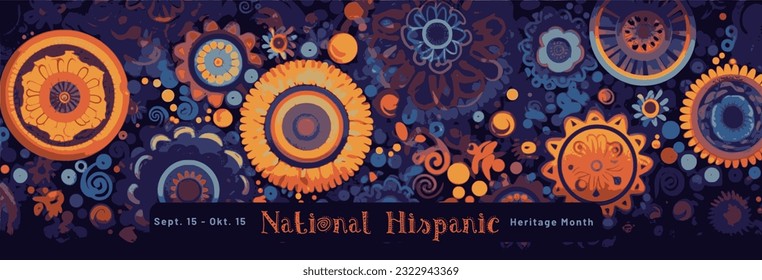 Hispanic colors and latin patterns with text "National Hispanic Heritage Month from September 15 to October 15" banner for Hispanic Heritage month