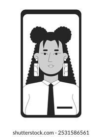 Hispanic consultant businesswoman on mobile phone screen black and white 2D line object. Latina personal assistant cellphone isolated clip art vector outline item. Monochromatic spot illustration