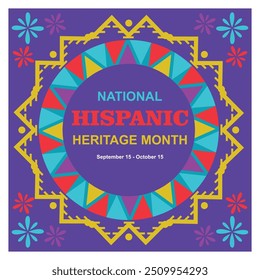 Hispanic Cultural Heritage Month on a blue background. Greeting card with colorful motifs. Hispanic Heritage Month concept. Flat vector illustration.