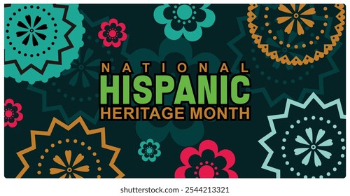 Hispanic Cultural Heritage Month Text mit Papel Picado Muster. Das perforierte Papiermuster ist auf grünem Hintergrund. Hispanic Heritage Month Konzept. Flache Vektorgrafik.