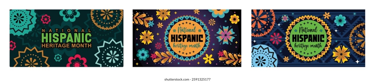 Hispanic Cultural Heritage Month text with Papel Picado pattern. Bright color background. Celebration of Hispanic American Heritage Month. Hispanic Heritage Month concept.