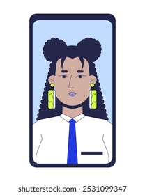 Hispanic curly hair consultant businesswoman on mobile phone screen 2D cartoon object. Latina personal assistant cellphone isolated element flat vector clipart on white background. Spot illustration