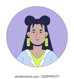 Hispanic curly hair woman in hoodie 2D linear vector avatar illustration. Latina girl with large earrings cartoon character face portrait. Round frame flat user profile color image isolated