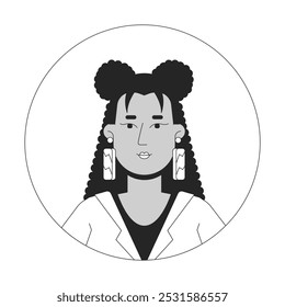 Hispanic curly hair woman in hoodie black and white 2D avatar illustration. Latina female with large earrings outline vector character face isolated. Round frame user profile image portrait