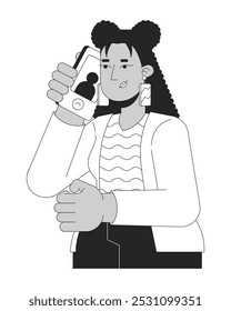 Hispanic curly hair woman mobile phone call black and white 2D line character. User gadget cellphone. Latina female holding smartphone isolated vector outline person. Monochromatic spot illustration