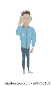 Hispanic customer service operator in headset with microphone. Young customer service operator using headset with microphone. Vector sketch cartoon illustration isolated on white background.