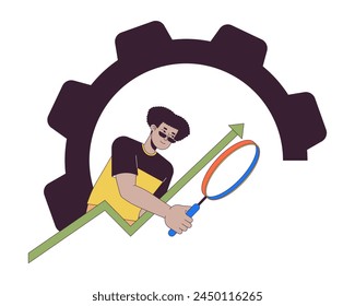 Hispanic data analyst 2D linear cartoon character. Man with magnifying glass in cogwheel isolated line vector person white background. Business analytics technology color flat spot illustration