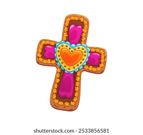 Hispanic Day of Dead celebration cross cookie. Mexican Day of the Dead holiday spooky frosted vector dessert, scary biscuit cookie in shape of cross or Hispanic Dia de Los Muertos celebration pastry