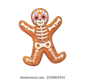 Hispanic Day of Dead holiday skeleton cookie. Mexican Day of the Dead festival horror cookie traditional biscuit vector cake, Hispanic traditional holiday or Mexico Dia de Los Muertos sweet dessert