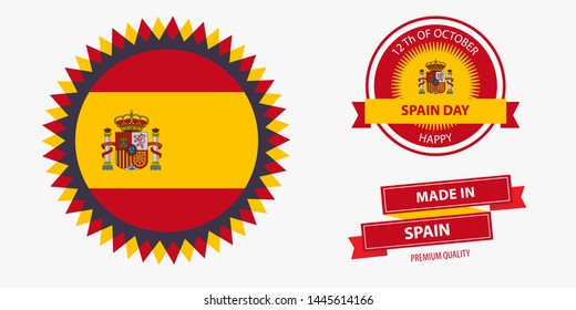 Hispanic Day. Made in Spain labels, badges and stickers vector illustration. Set of design Spain flag in quality icon