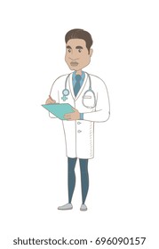 Hispanic doctor writing notes in a notepad. Young doctor writing results of medical examination. Doctor writing medical prescription. Vector sketch cartoon illustration isolated on white background.