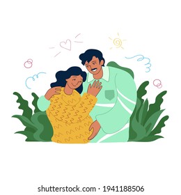 Hispanic ethnicity happy young family, couple hugging. Latin American loving future parents, pregnancy, parenthood planning, togetherness social concept. Stylized trendy doodle vector illustration