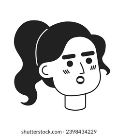 Hispanic ethnicity young woman surprised black and white 2D vector avatar illustration. Wow astonished latina outline cartoon character face isolated. Brunette girl flat user profile image, portrait