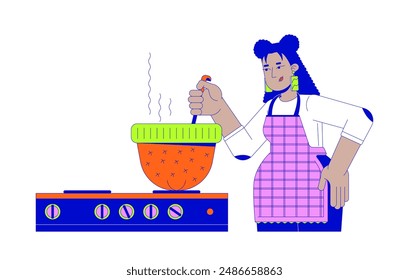 Hispanic female cooking dinner in hat 2D linear cartoon character. Latina woman using warm cap as pot isolated line vector person white background. Kitchen utensils color flat spot illustration