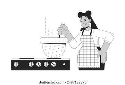 Hispanic female cooking dinner in hat black and white 2D line cartoon character. Latina woman using warm cap as pot isolated vector outline person. Kitchen monochromatic flat spot illustration