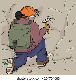 Hispanic female geologist working with chisel on rock