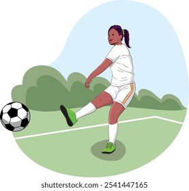 Hispanic female soccer player kicking ball on playing field, wearing white uniform
