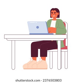 Hispanic female supervisor sitting with laptop 2D cartoon character. Laptop business woman typing workplace isolated vector person white background. Professional worker color flat spot illustration