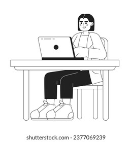 Hispanic female supervisor sitting with laptop black and white 2D cartoon character. Laptop business woman typing workplace isolated vector outline person. Monochromatic flat spot illustration