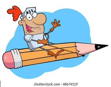 Hispanic Freelancer Knight Man Riding On A Giant Pencil Over Blue