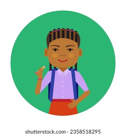 Hispanic girl and backpack over her shoulders  Girl holding drawing pencil in hand  Multicolored flat vector circle icon representing girls activities concept isolated white background