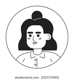 Hispanic girl with messy bun hairstyle monochrome flat linear character head. Pretty woman. Editable outline hand drawn human face icon. 2D cartoon spot vector avatar illustration for animation