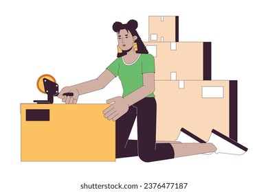 Hispanic girl packing moving boxes line cartoon flat illustration. Latina woman wrapping belongings shipping tape 2D lineart character isolated on white background. Moving out scene vector color image