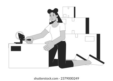 Hispanic girl packing moving boxes black and white cartoon flat illustration. Latina woman wrapping shipping tape 2D lineart character isolated. Moving out monochrome scene vector outline image