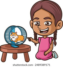 Hispanic girl watching her hamster vector illustration