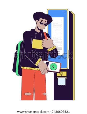 Hispanic guy paying for ticket with NFC technology 2D linear cartoon character. Latin american student isolated line vector person white background. Contactless payment color flat spot illustration