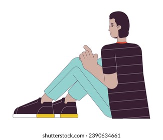 Hispanic guy sitting on floor 2D linear cartoon character. Latin american young adult man isolated line vector person white background. Hand pointing, smiling attentively color flat spot illustration