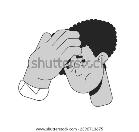 Hispanic guy touching forehead for fever feel black and white 2D line cartoon face closeup. Sick latinamerican male isolated vector outline head close-up. Headache monochromatic flat spot illustration