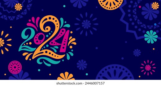 Hispanic heritage month 2024 background. Vector web banner, poster, card for social media, networks. Greeting national Hispanic heritage month, tropical pattern on blue background. Logo 2024 new year.