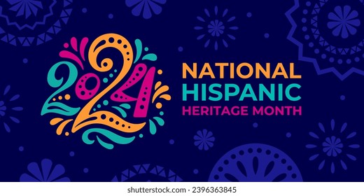 Hispanic heritage month 2024. Vector web banner, poster, card for social media, networks. Greeting with national Hispanic heritage month text, ornament on blue background. Logo 2024.