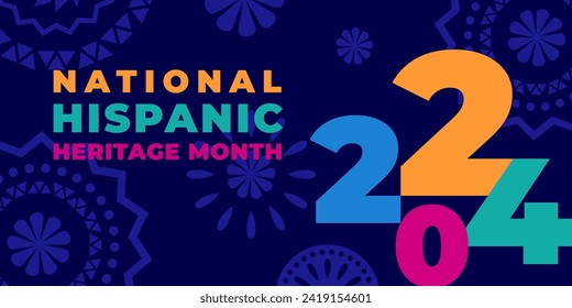 Hispanic heritage month 2024. Vector web banner, poster, card for social media, networks. Greeting with national Hispanic heritage month text, ornament on blue background. Logo 2024.