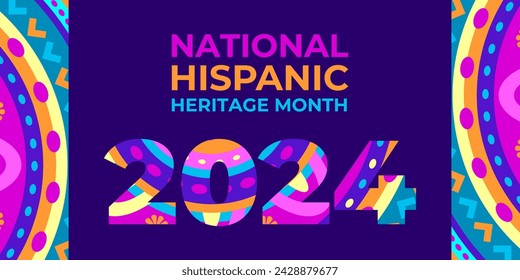 Hispanic Heritage Month 2024. Vector Web-Banner, Poster, Karte für soziale Medien, Netzwerke. Begrüßung mit nationalem hispanischen Erbe-Monat-Text auf lila Hintergrund mit blauer, gelber Farbe.