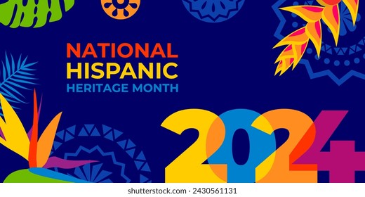 Hispanic heritage month 2024. Vector web banner, poster, card for social media, networks. Greeting with national Hispanic heritage month text, tropical pattern on blue background. Logo 2024.