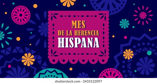 Hispanic Heritage Month 2024. Vector Web-Banner, Poster, Karte für soziale Medien, Netzwerke. Gruß auf Spanisch, Papel Picado Muster, perforiertes Papier, blauer Hintergrund.