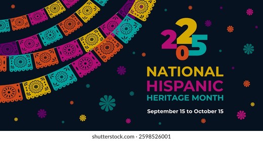 Hispanic heritage month 2025. Vector web banner, poster, card for social media, networks. Greeting with national Hispanic heritage month text, ornament on black background. Logo 2025.