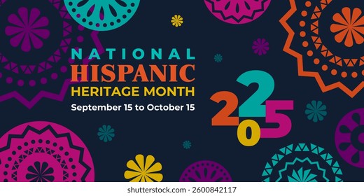 Hispanic heritage month 2025. Vector web banner, poster, card for social media, networks. Greeting with national Hispanic heritage month text, ornament on black background. Logo 2025.