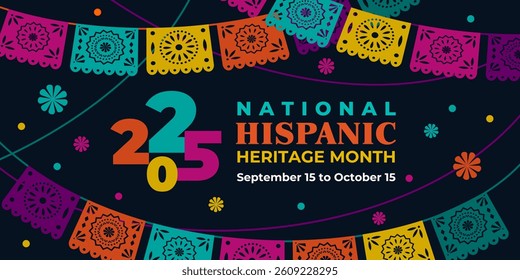 Hispanic heritage month 2025. Vector web banner, poster, card for social media, networks. Greeting with national Hispanic heritage month text, ornament on black background. Logo 2025.