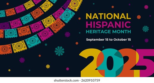 Hispanic heritage month 2025. Vector web banner, poster, card for social media, networks. Greeting with national Hispanic heritage month text, ornament on black background. Logo 2025.