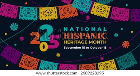 Hispanic heritage month 2025. Vector web banner, poster, card for social media, networks. Greeting with national Hispanic heritage month text, ornament on black background. Logo 2025.