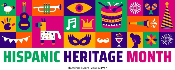 O fundo do Mês da Herança Hispânica, banner, cartão ou modelo de cartaz é observado todos os anos durante o mês de setembro, para aumentar a conscientização sobre a missão. Ilustração vetorial.