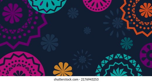 Hispanic heritage month background. Vector banner, poster for social media, networks. Greeting card with copy space. National Hispanic heritage month text, Papel Picado pattern on black background.