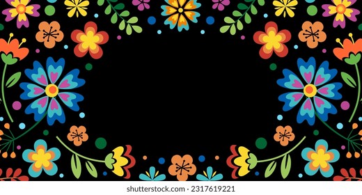 Antecedentes del mes del patrimonio hispano. Pancarta vectorial web, afiche, tarjeta para medios sociales, redes. Saludo con el mes del patrimonio nacional hispano, patrón floral sobre fondo negro