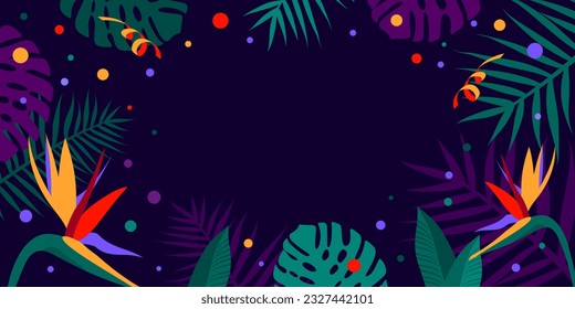 Hispanic heritage month background. Vector web banner, poster, card for social media, networks. Greeting national Hispanic heritage month, tropical flowers on purple background with blue, yellow color