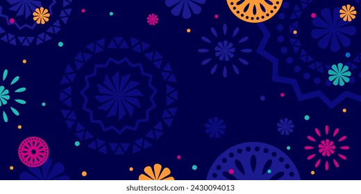 Hispanic heritage month background. Vector banner, poster for social media, networks. Greeting card with copy space. National Hispanic heritage month text, Papel Picado pattern on blue background.