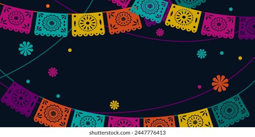 Hispanic heritage month background. Vector web banner, poster, card for social media, networks. Greeting national Hispanic heritage month, garlands of flags pattern on blue background.